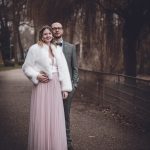 The vintage-style image captures the emotional connection between the couple in a nostalgic outdoor.